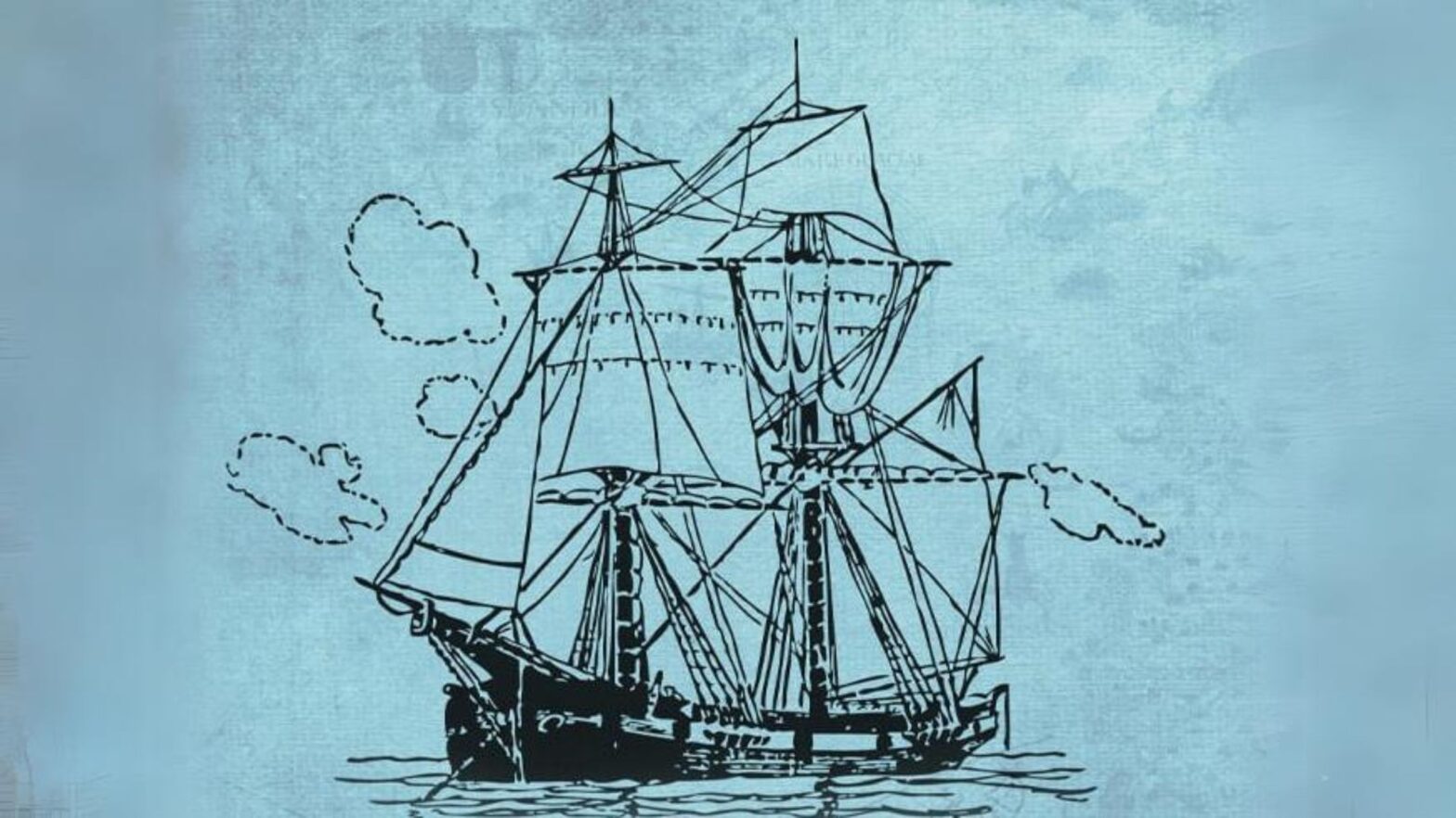 An illustration of a black ship sailing on a blue background.