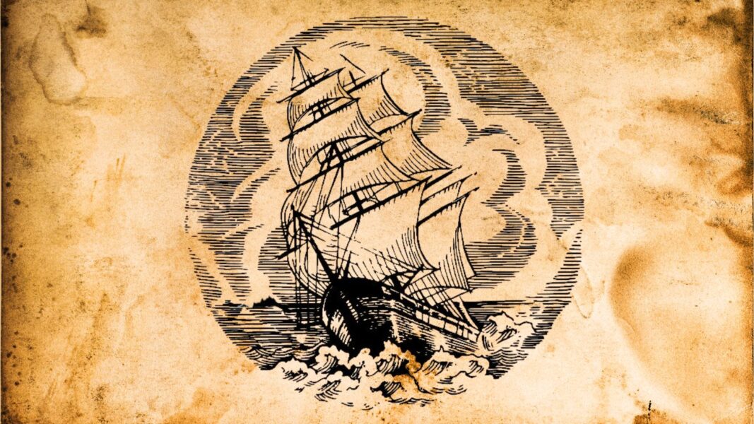 An illustration of a black ship sailing.