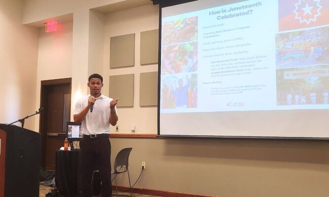 Kansas-native Brad Richards, Lead for America Hometown Fellow at the Kansas African American Museum talked to Newman community members about the importance of Juneteenth.