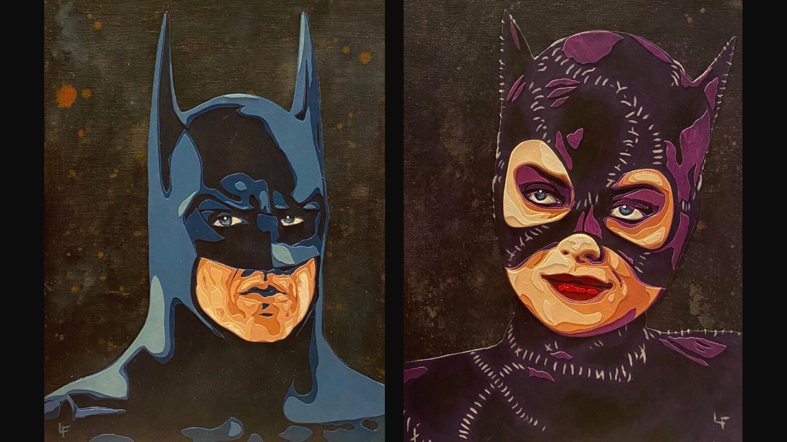 Artwork of Batman and Catwoman was created by artist Lauren Fitzgerald in her collection, "Symbiosis."