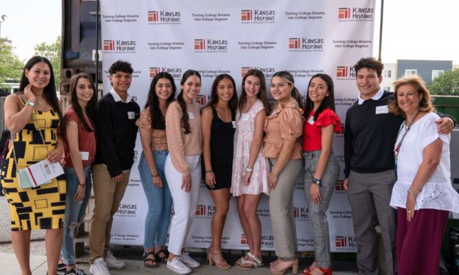 Katherine Reynoso (far left) and Yolanda Camarena (far right) stand with student scholars during the Dream Big Fiesta. (Courtesy photo KHEDF)