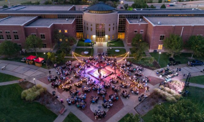 Aerial shot of Party on the Plaza at Newman University.