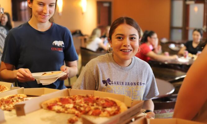 Students enjoyed a special pizza dinner in the Tarcisia Roths, ASC, Alumni Center on Thursday night.