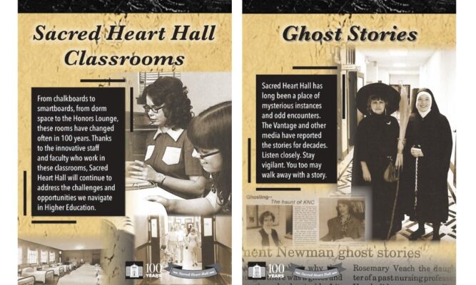 "Sacred Heart Hall Classrooms" and "Ghost Stories" historical markers