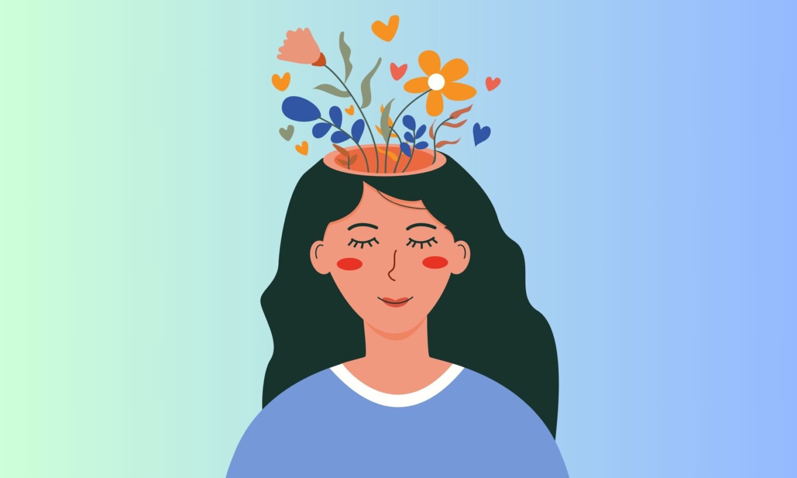 An illustration of a woman smiling with flowers coming out of the top of her head.