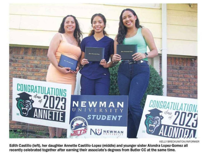 Edith Castillo (left), her daughter Annette Castillo-Lopez (middle) and younger sister Alondra Lopez-Gomez all recently celebrated together after earning their associate's degrees from Butler Community College at the same time. (Courtesy image)