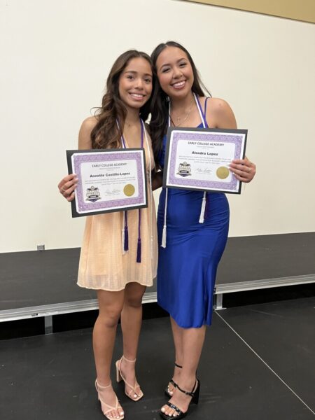 Castillo-Lopez and her aunt, Lopez-Gomez show off their graduation certificates from Butler.