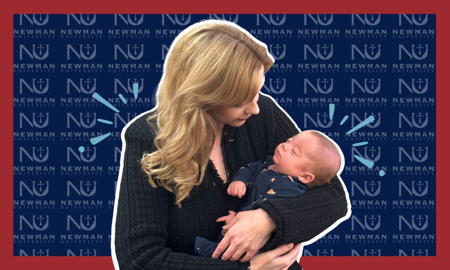 Crystal Khan holds baby Noah with Newman Univeristy logos in the background.