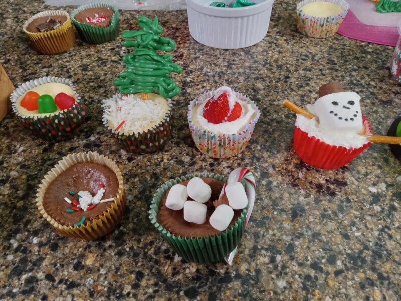The finished mini cheesecakes show off a melting snowman, a frosting Christmas tree, hot cocoa with marshmallows, a strawberry Santa hat and more.