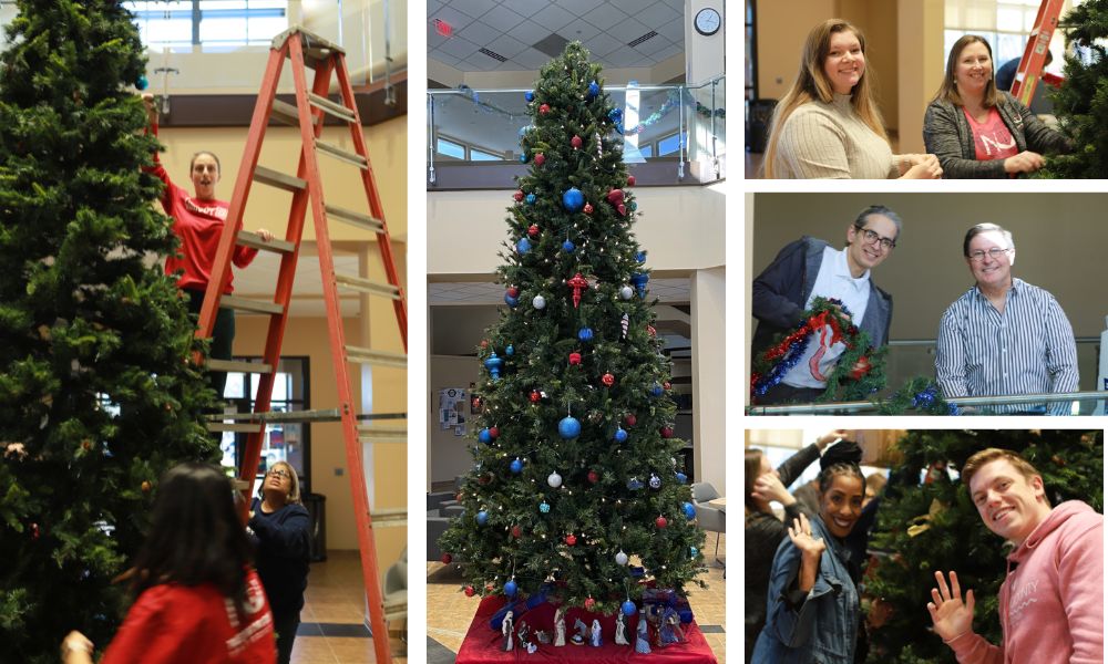 Newman University staff members came together to decorate the Christmas tree in Dugan before Thanksgiving break.