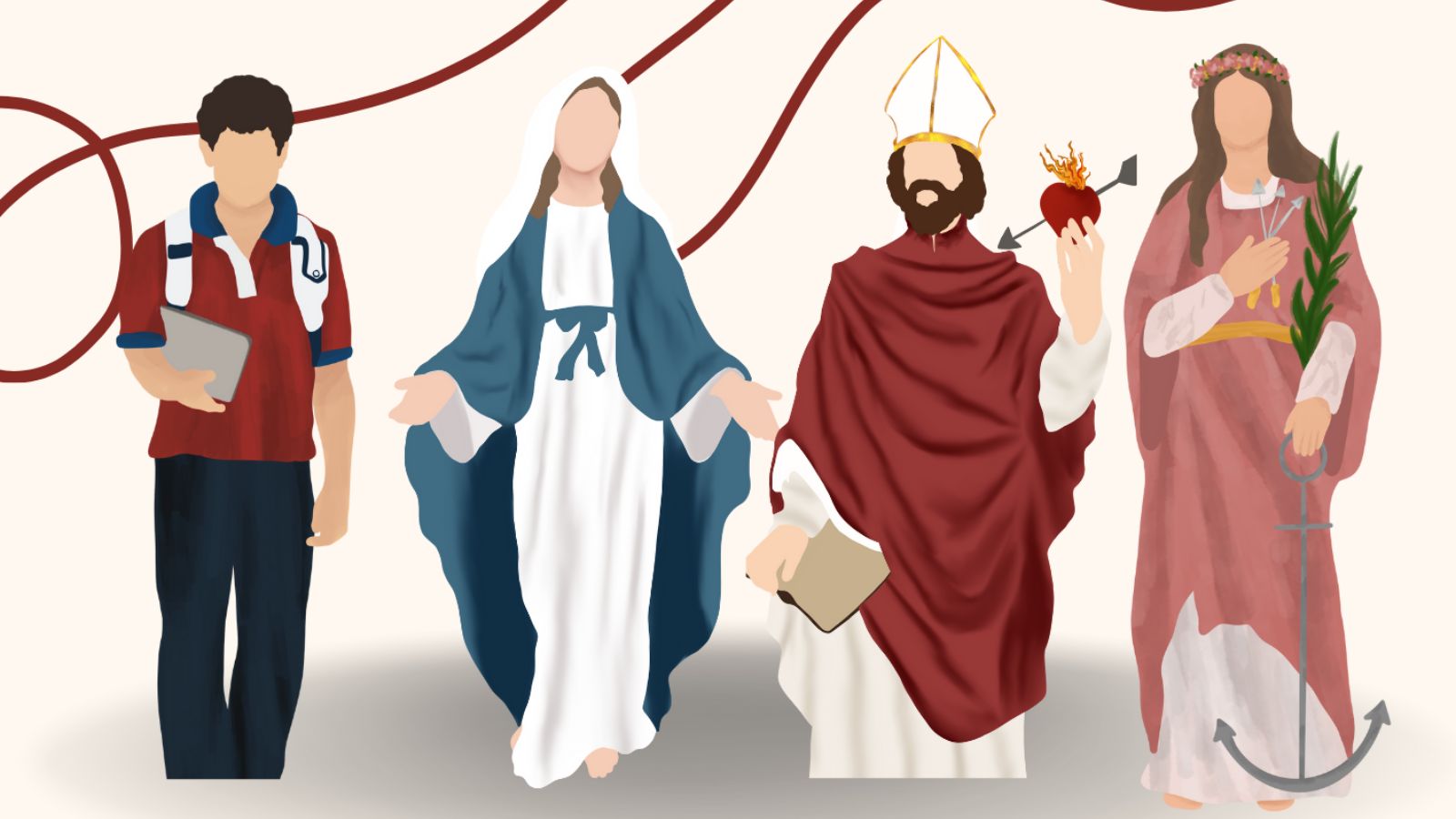 A faceless illustration of four Catholic Saints