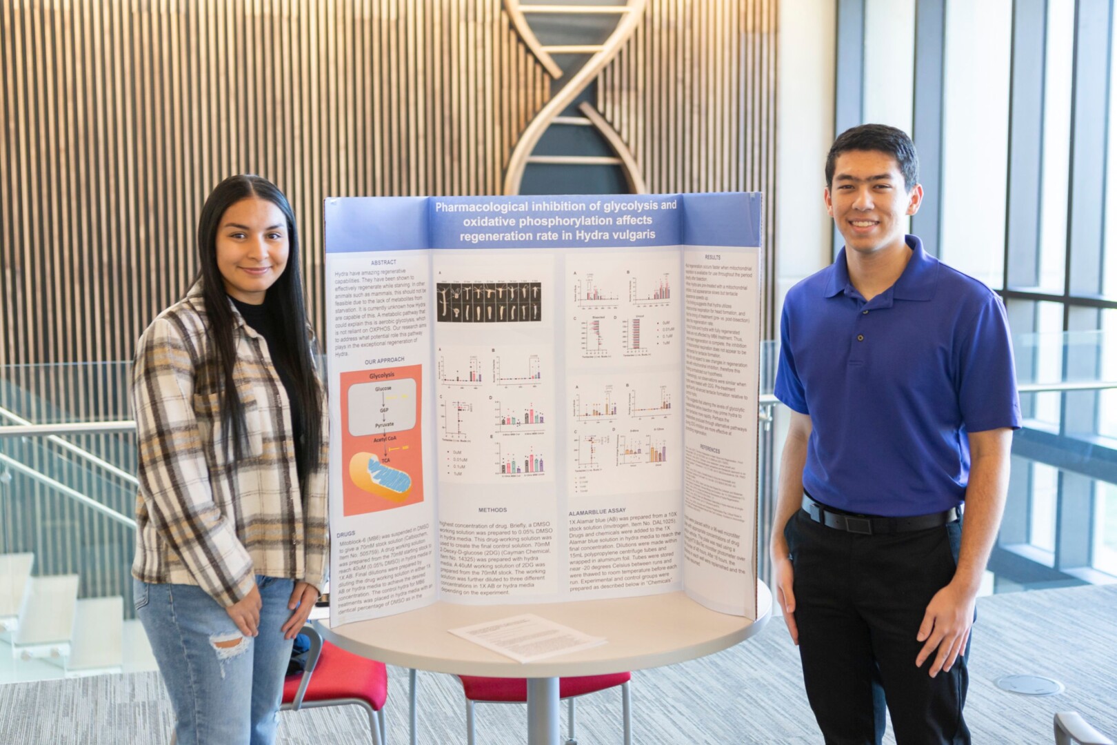 Two Newman students, male and female, showcase their poster presentation on Scholars Day in the Bishop Gerber Science Center.