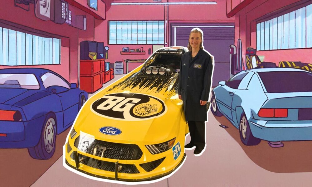 Hope Strickbine stands with a BG Products car and illustrated background.