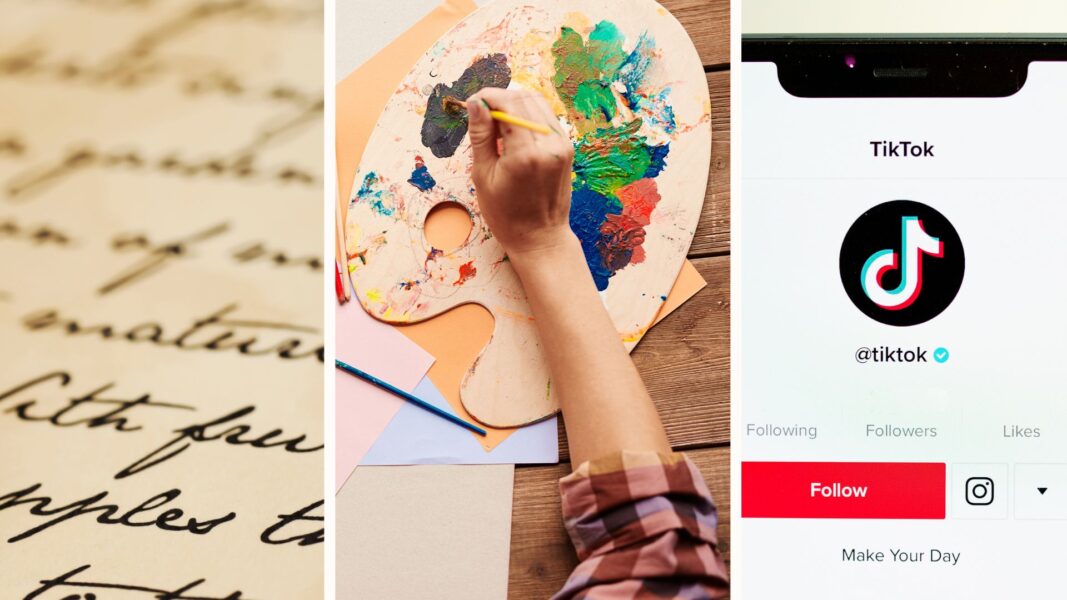 A 3-part image of writing, painting and a TikTok represent the three aspects of the competition for Heritage Month: essay, graphic arts, and TikTok.