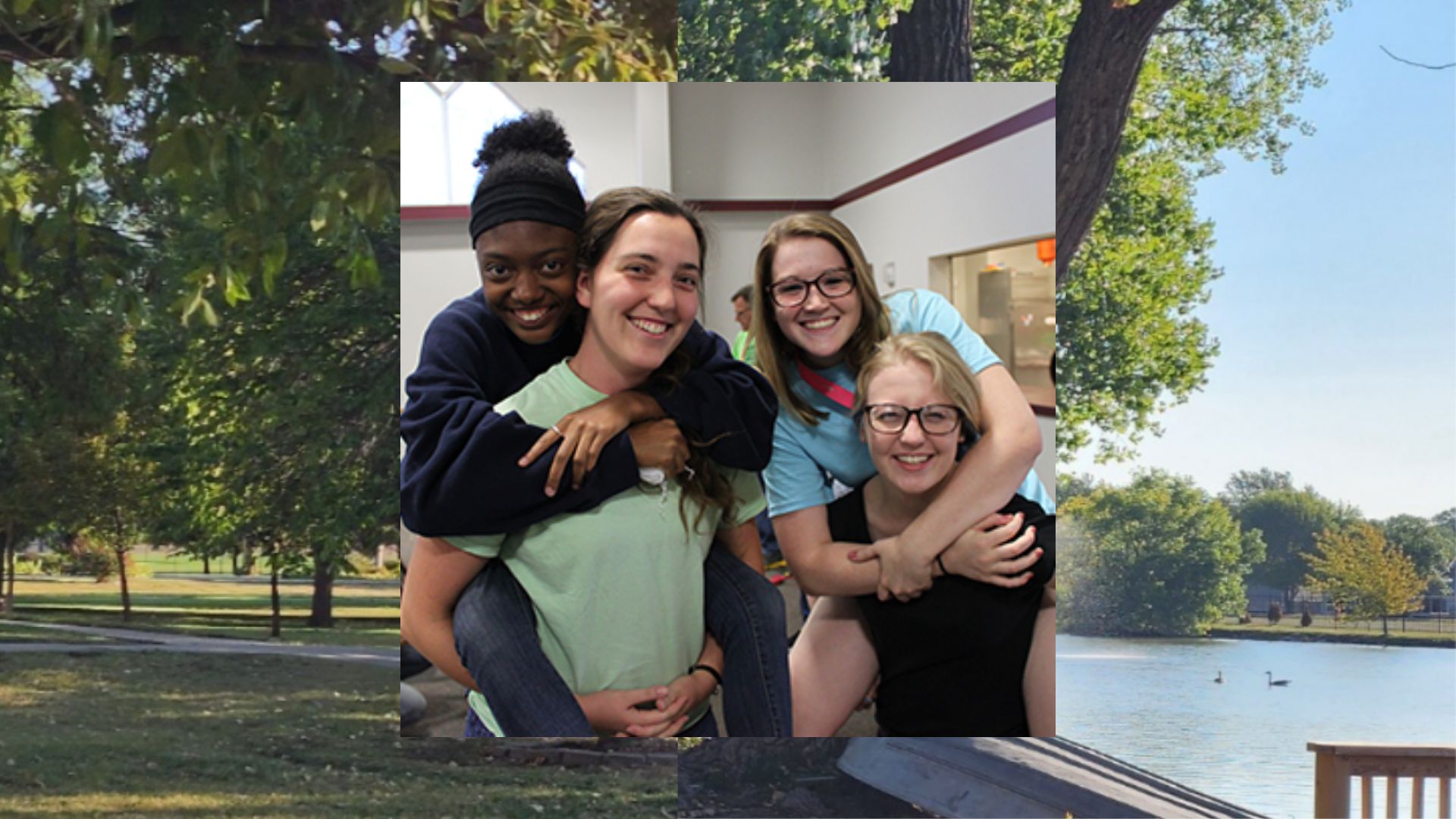 Four female Newman students (two piggy backing on the other two) smile on a spiritual retreat.