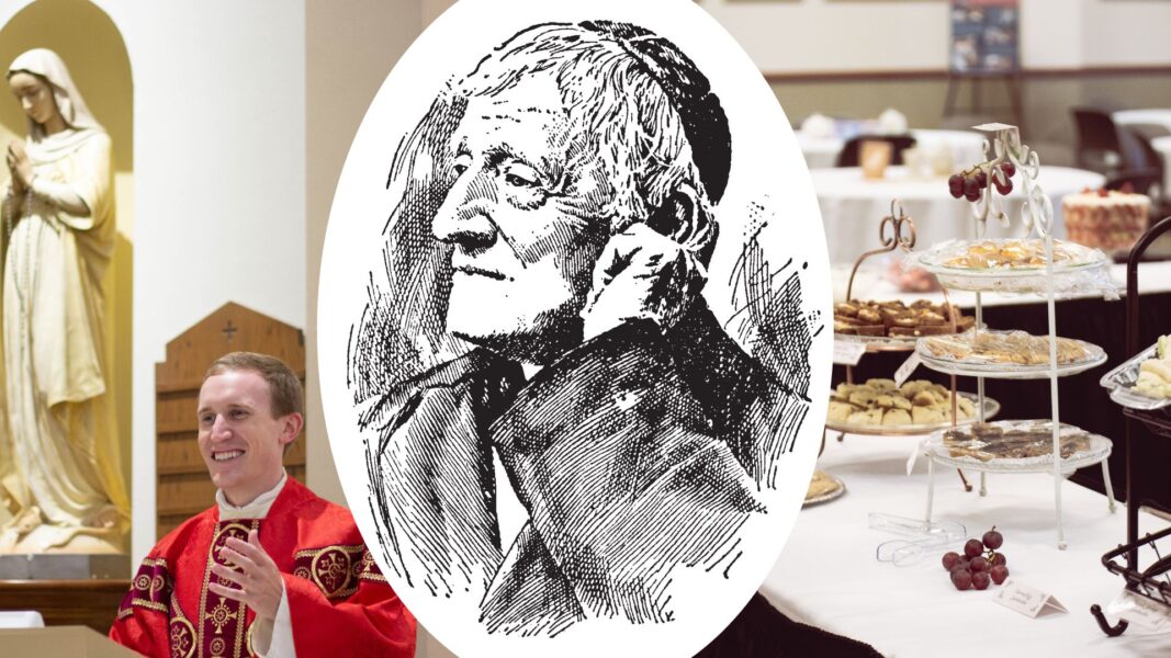 A black and white illustration of St. John Henry Newman (center) with Father Adam Grelinger offering Mass (left) and High Tea desserts on display (right).