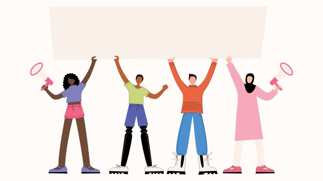 an illustration shows four people of various shapes, sizes, genders and skin colors holding up a blank sign