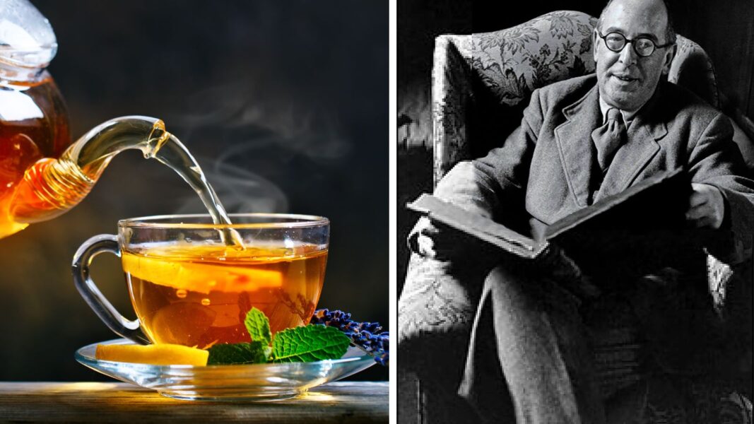 First image shows a cup of tea being poured; the second image shows C.S. Lewis with a book in his lap.