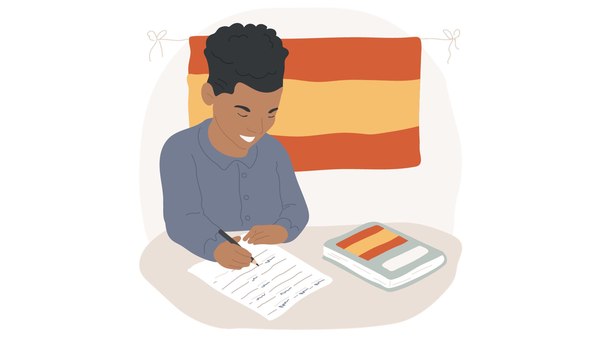 An illustration of a Spanish student taking a test.