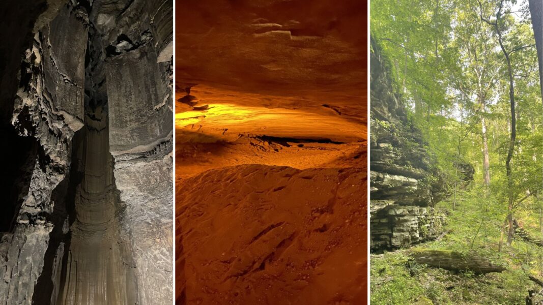 Three scenes from Mammoth Cave include an inside look at the dark, rocky interior, a shimmering gold crevice, and an outside view of the forest surrounding.