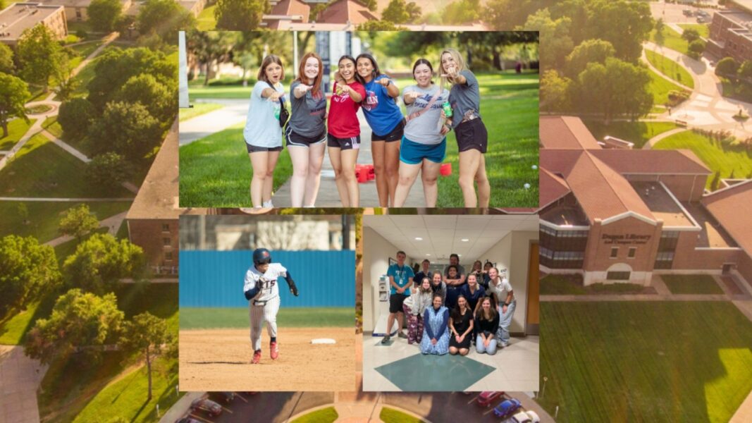 Students show off their Jet hands, a baseball player runs from a base, healthcare students smile for a photo in their scrubs.