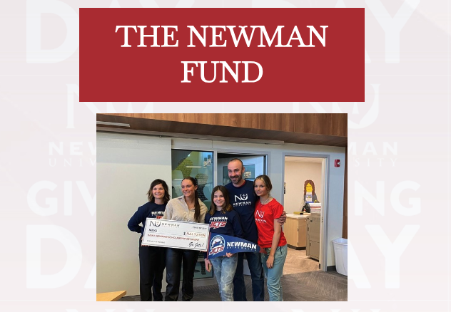 A student accepts a check in the amount of "full tuition" to Newman University, surrounded by her family members.
