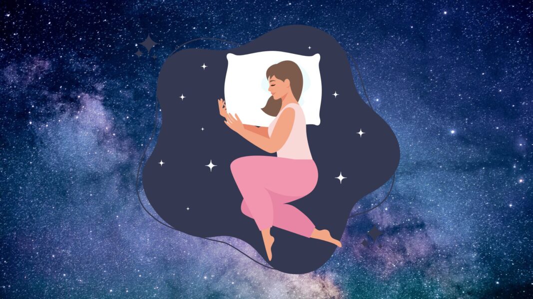 A graphic of someone sleeping with a galaxy background