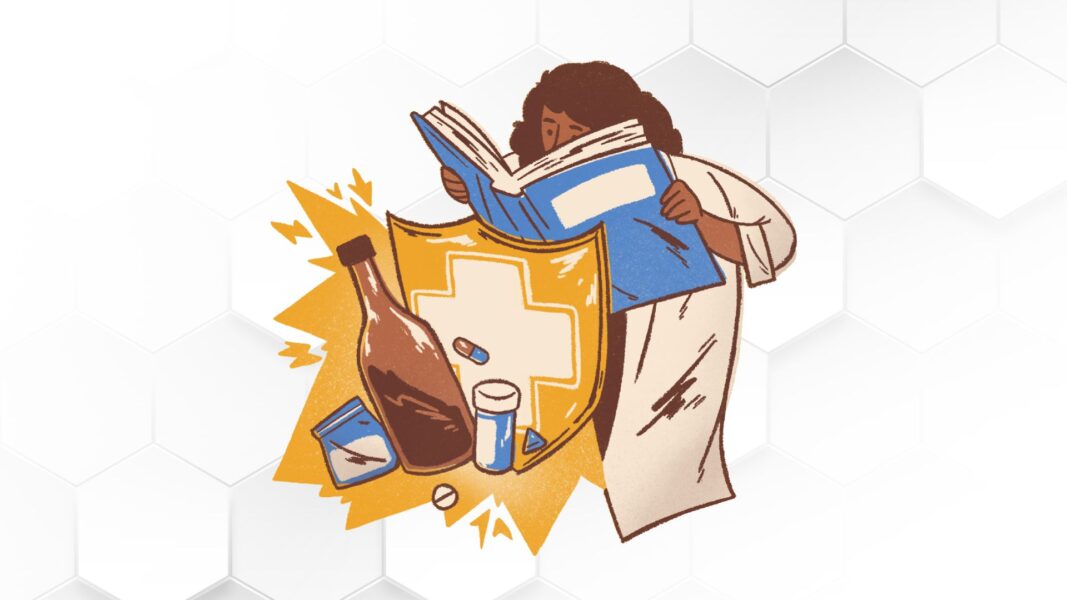 Substance Abuse graphic shows a doctor reading from a book with a bottle, pills, and packet of miscellaneous materials.