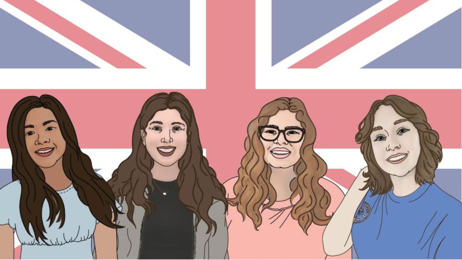 (From left to right) An illustration of Newman University students Sydney Le, Katie Stewart, Rosaline Martinez and Hayley Stewart in front of a British flag, created by graphic design student Rebekah Strickbine.