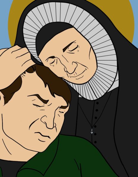 Illustration of St. Maria De Mattias comforting a suffering individual, created by Newman University senior John Suffield.