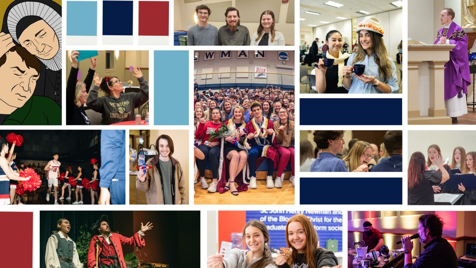 Heritage Month collage of photos from Homecoming night, Giving Day, Trivia Night, St. Maria De Mattias Mass, and more.