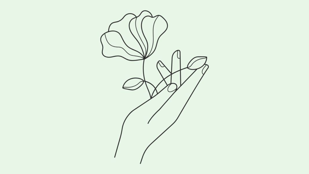 A sketch of a hand holding a flower