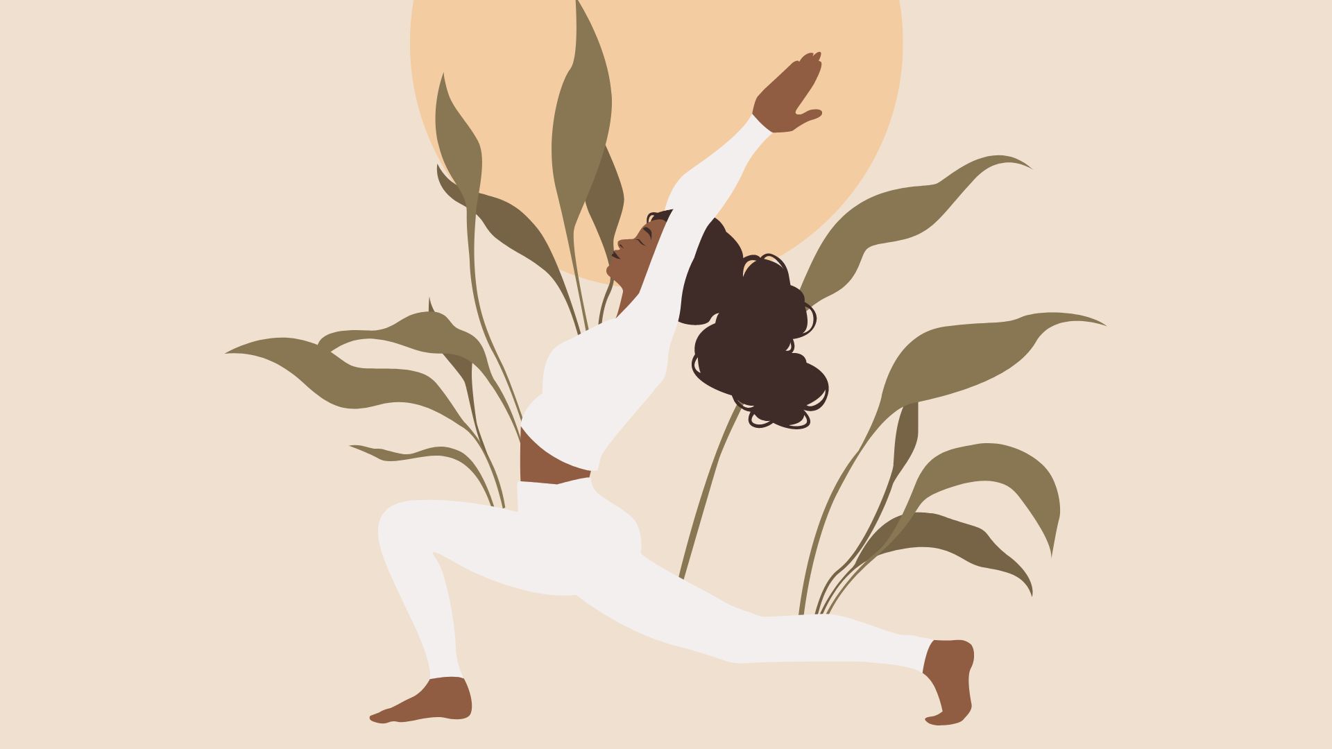 An illustration of a woman stretching in a yoga pose with plants behind her.
