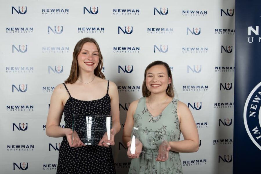 (From left to right) Lily Hilgenfeld won the Sister Margaret Knoeber Undergraduate Chemistry Award and Catherine Madison won the Fine Arts Achievement Award.