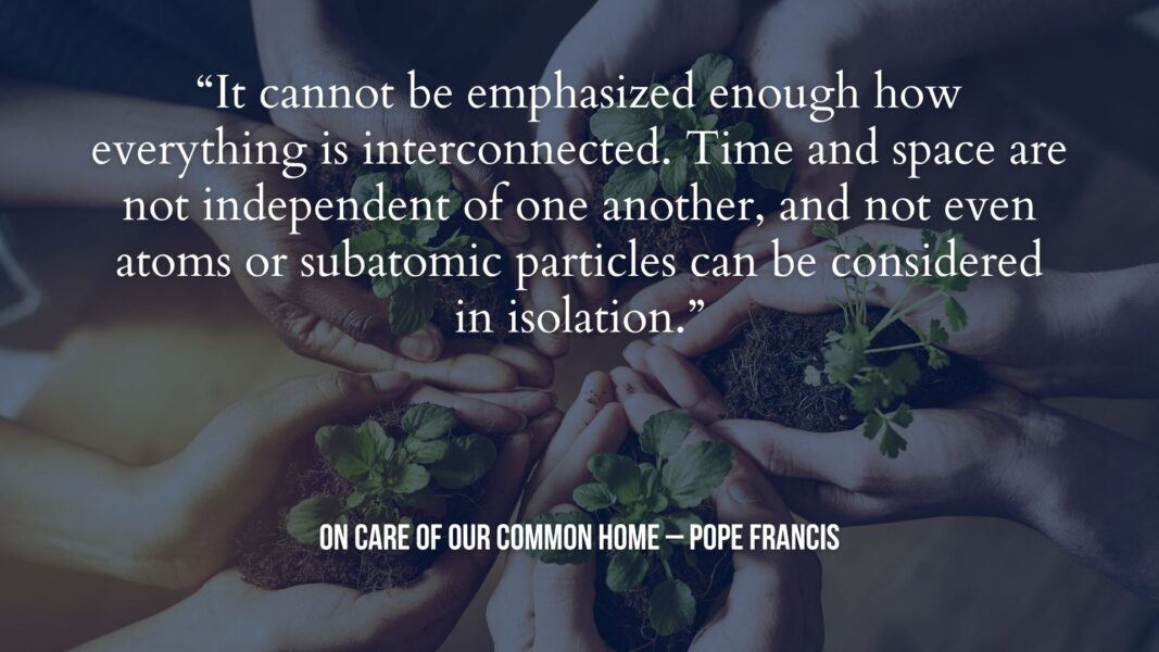 Hands hold plants with the quote by Pope Francis above: "It cannot be emphasized enough how everything is interconnected. Time and space are not independent of one another, and not even atoms or subatomic particles can be considered in isolation."