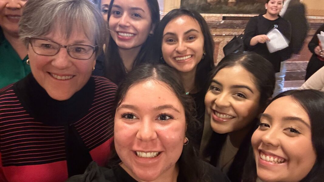 (From left to right) Governor Laura Kelly, Nayelly Rosales, Isabella Torres, Valeria Rodriguez and Andrea Fuentes (bottom row).