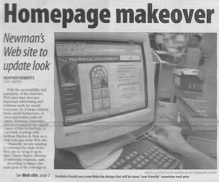 A Vantage article written by a Newman student in 2004, featuring an announcement of a website redesign launched at Newman University. 