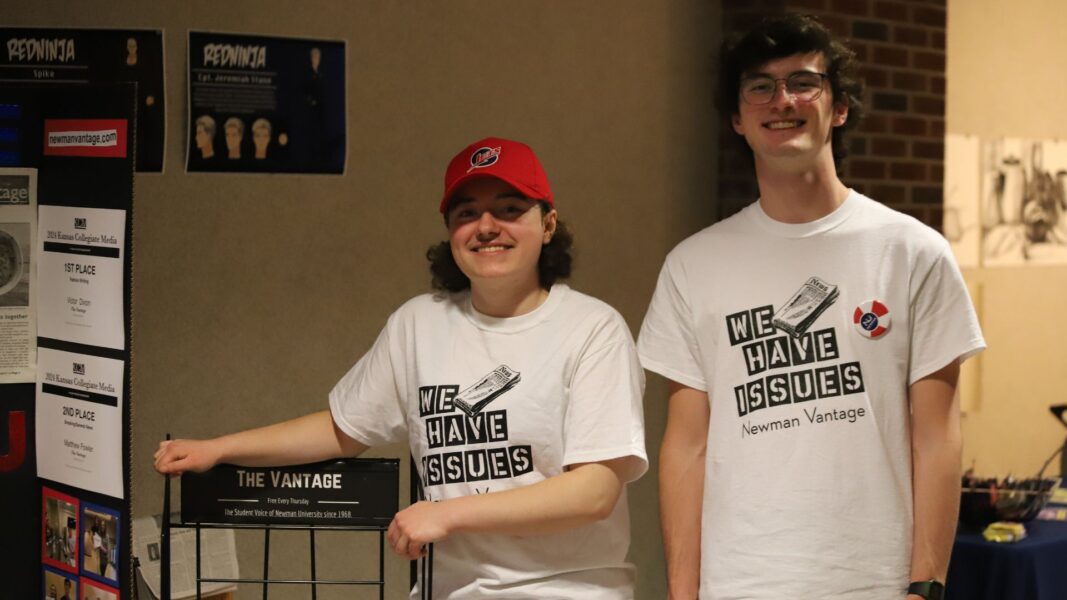 Dixon and Fowler proudly wear their "We have issues" T-shirts as contributors of The Vantage student newspaper at Newman.