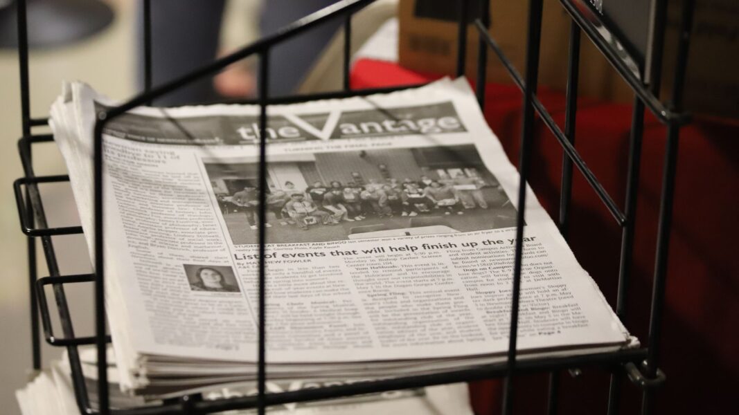A stack of Vantage student newspapers on campus