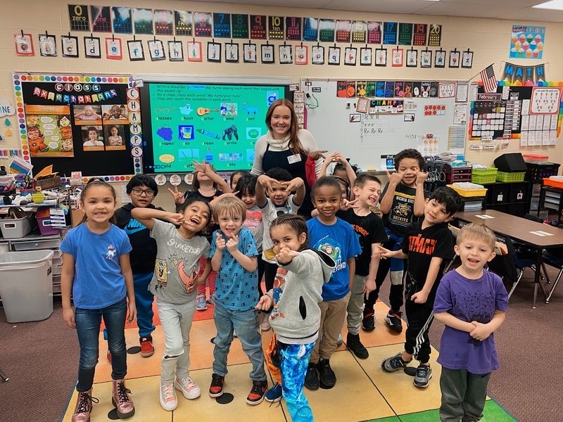 Johnson pictured with kindergarteners during her class observation.