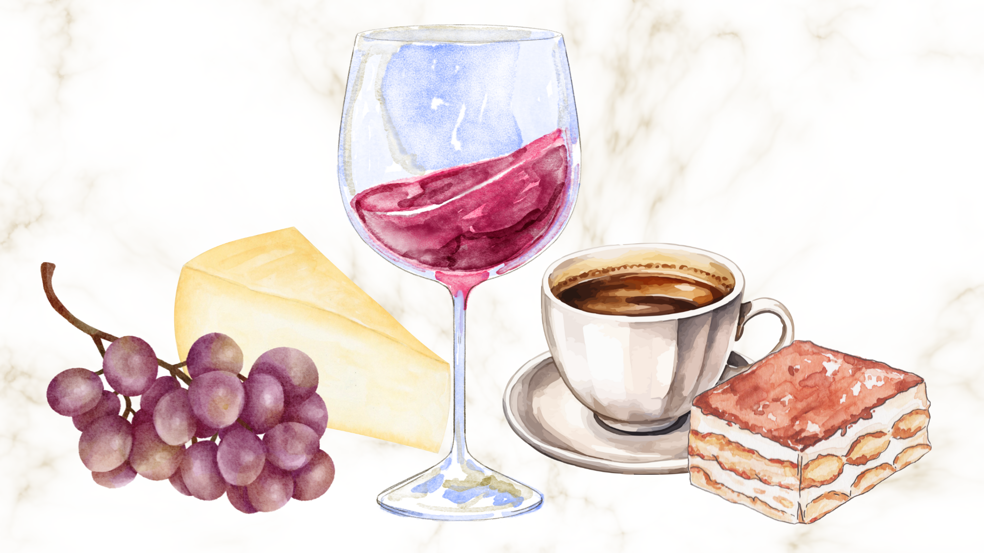 A watercolor image of grapes, cheese, wine, coffee, and a dessert