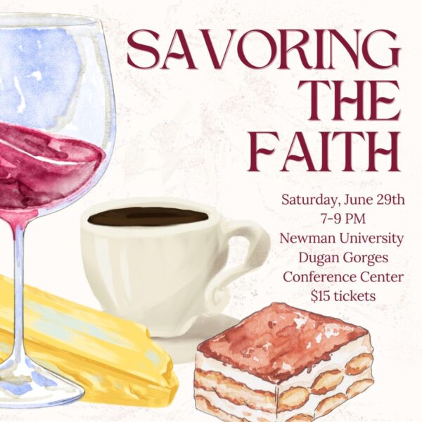 Savoring the Faith fundraiser poster features an image of wine and coffee.