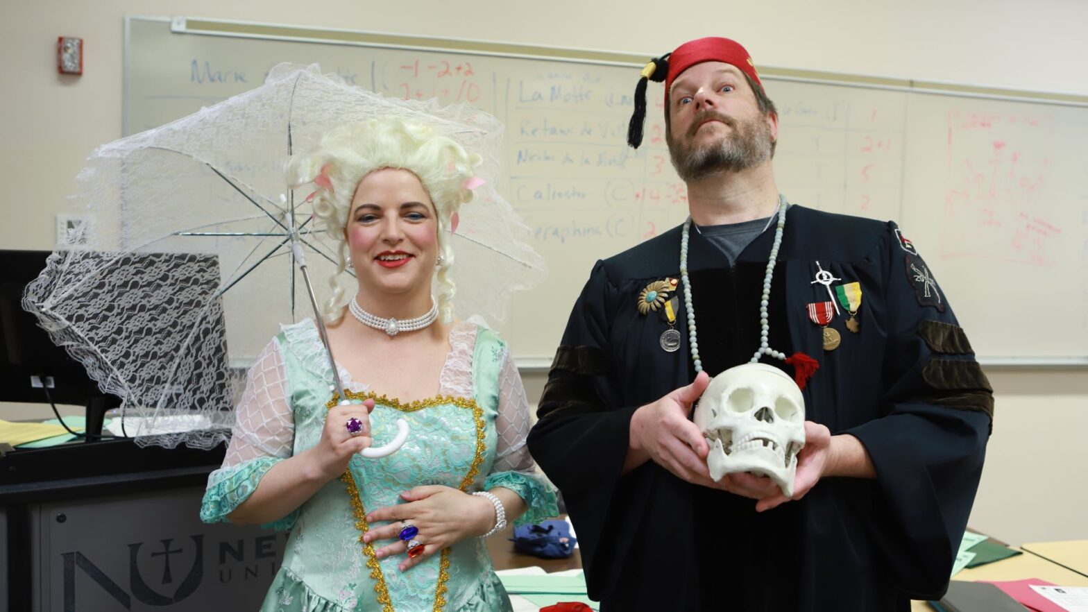 Ferguson (left) dressed as Marie Antoinette for “The Diamond Necklace Affair” game during the Reacting Game Development Conference at Newman University.