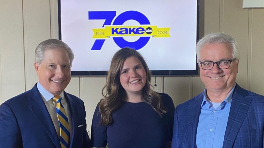 (From left to right) KAKE News general manager Mike Rajewski and KAKE news reporter Jocelyn Schifferdecker with Straub.