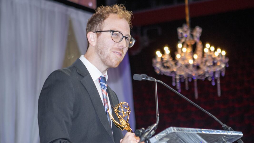 Riedl delivers an impromptu acceptance speech for his Emmy win in June.