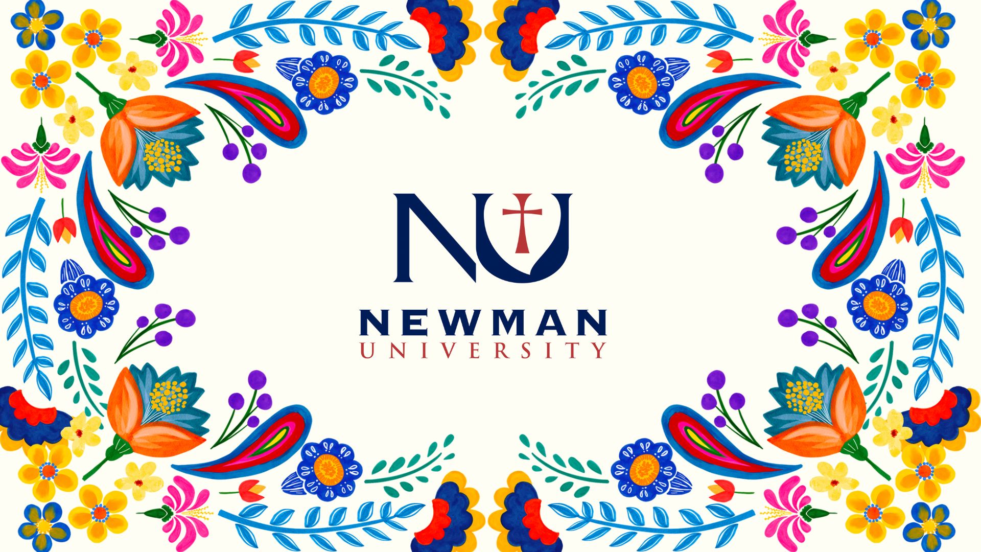 Newman University logo in the center of some colorful paisley-like florals surrounding it