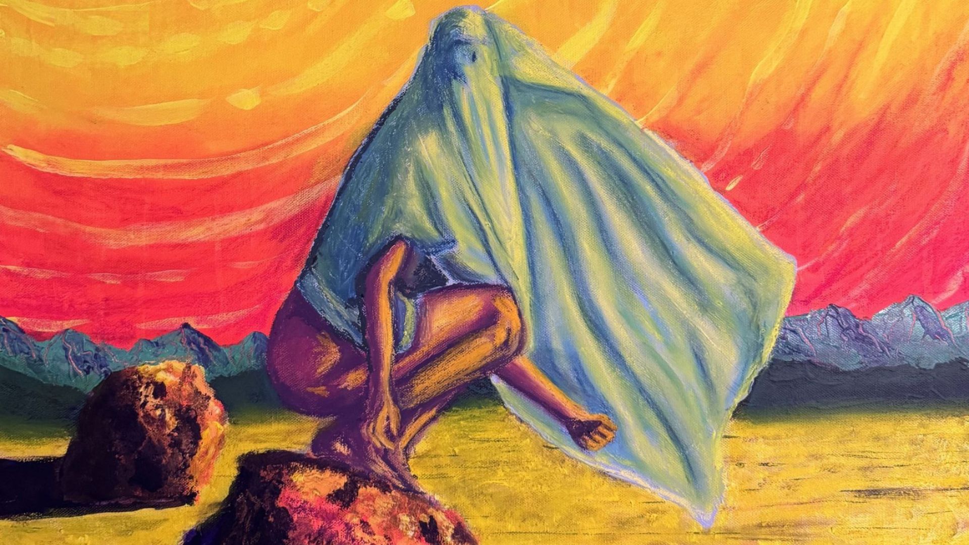 Michael K Davenport artwork depicts a person crouching on a rock with a sheet over their head and a sunset in the background.