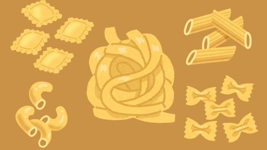 ravioli, penne, macaroni, bow-tie and spaghetti pastas