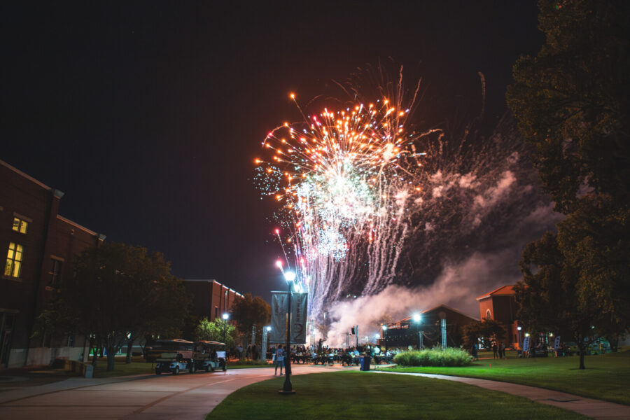 The colorful campus fireworks display was sponsored by Klaus Enterprises.