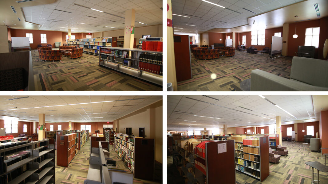 "Before" photos of the learning commons, previously the first floor of the Dugan Library, feature bookshelves, dark carpet, burnt orange walls.